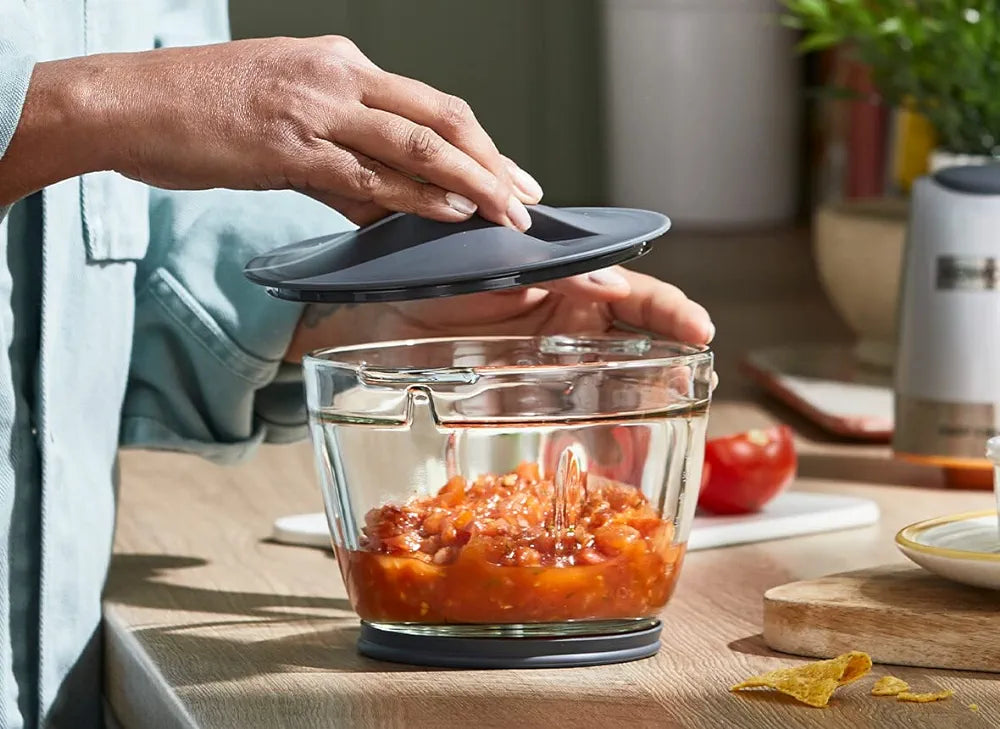 KENWOOD Glass Chopper 500W Electric Food Chopper with 1.2L Glass Bowl (600ml working capacity), Dripper Pro, Quad Blade, Storage Lid, Dual Speed, Spatula, Ice Crush Function CHP62.400SI Silver