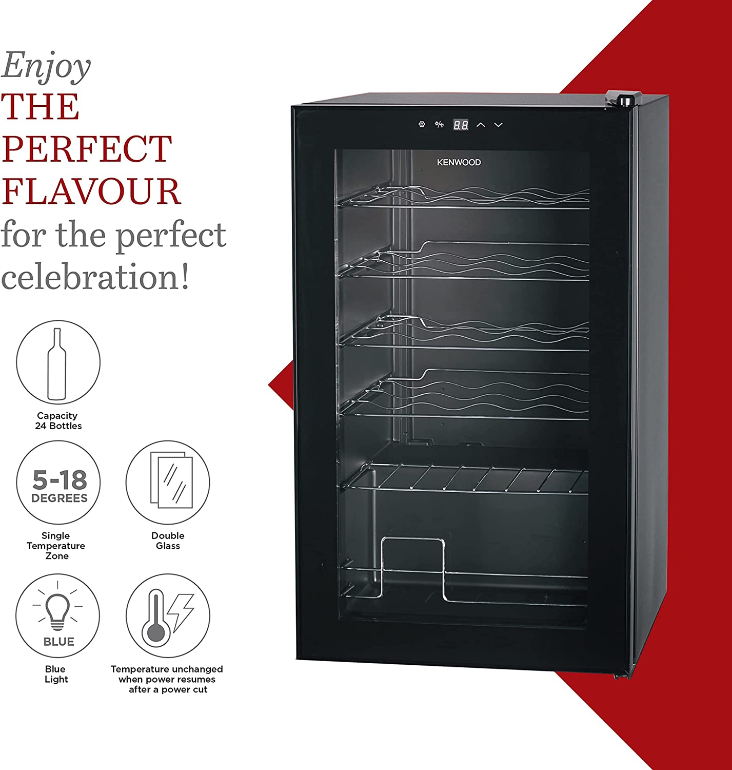 KENWOOD Beverage Cooler 24 Bottles Wine Cooler Refrigerator with Double Glass Door, Blue Light, Smart Temperature Control BCM24.000BK Black