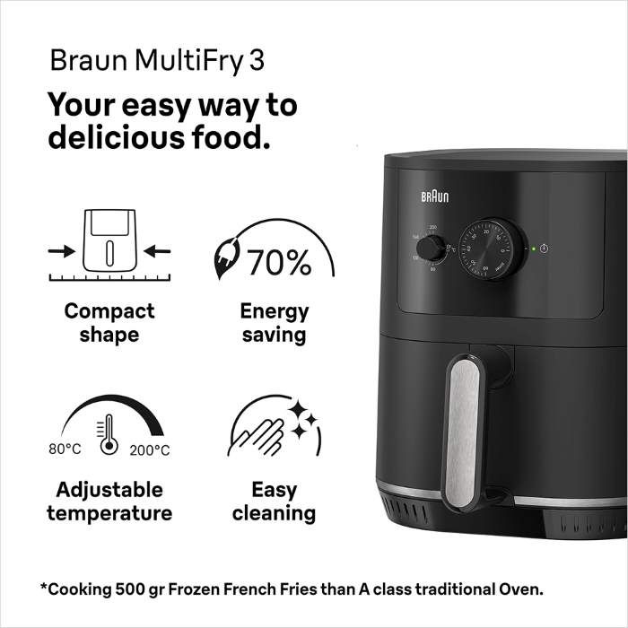 Braun MultiFry 3 Airfryer, 4.3 L Big Capacity, RealAir Technology - HF 3000 Black
