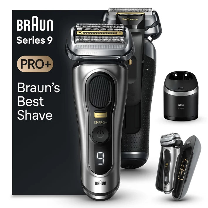 Series 9 Pro+ 9577cc Wet &  Dry shaver with 6-in-1 SmartCare center and PowerCase, silver.