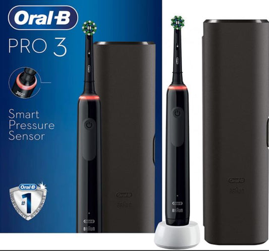Oral-B Pro 3 Electric Toothbrush with Smart Pressure Sensor, 1 Cross Action Toothbrush Head &amp; Travel Case, 3 Modes with Teeth Whitening, Gifts for Men/Women D505.513.3X.BK