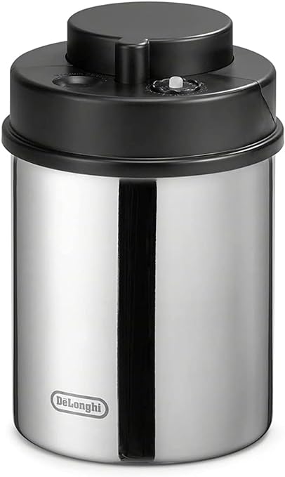 De'Longhi Coffee Canister, Vacuum Sealed Food Storage Container with Airtight Lid &amp; Built-in Date Indicator, Polished Stainless Steel (Holds 1 LB / 500 g), DLSC063