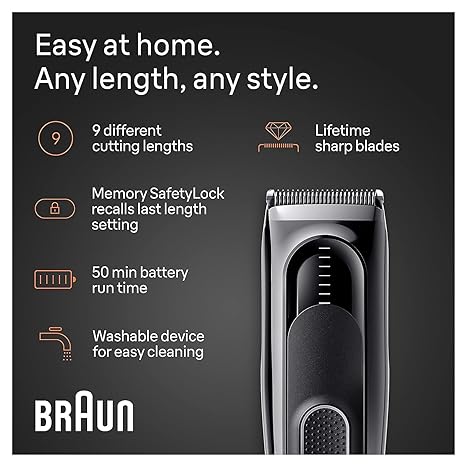 Braun Hair Clippers Series 5 5310, Hair Clippers for Men, Hair Clip from Home with 9 Length Settings, Incl. Memory SafetyLock Recall Setting, Ultra-Sharp Blades, 2 Combs