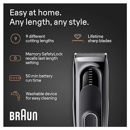 Braun Hair Clippers Series 5 5310, Hair Clippers for Men, Hair Clip from Home with 9 Length Settings, Incl. Memory SafetyLock Recall Setting, Ultra-Sharp Blades, 2 Combs