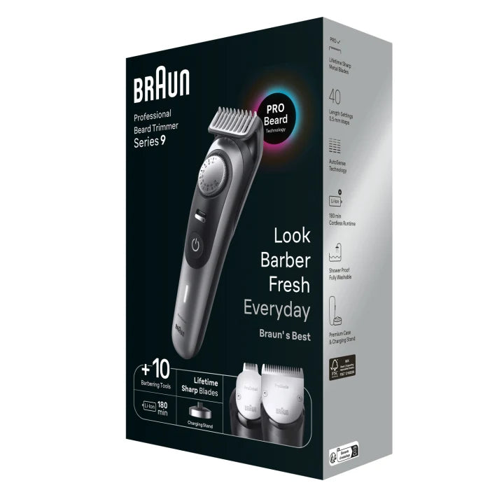 Pro Beard Trimmer 9 BT9420 With ProBlade, ProWheel, Lock, 10 barbering tools, 180min runtime, grey